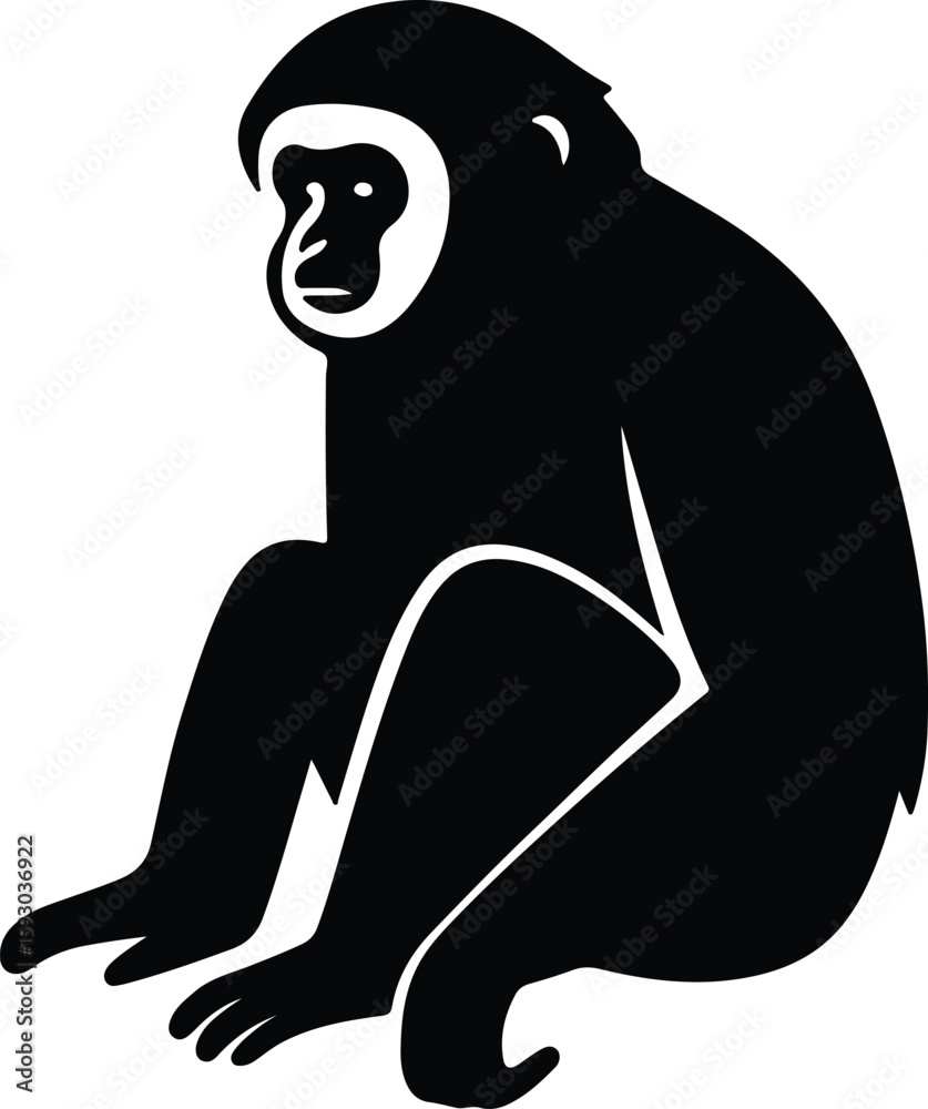 Obraz premium Silhouette gibbon sitting isolated against white background Vector Illustrator
