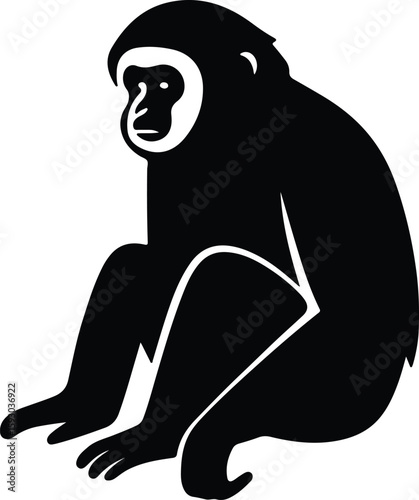 Silhouette gibbon sitting isolated against white background Vector Illustrator