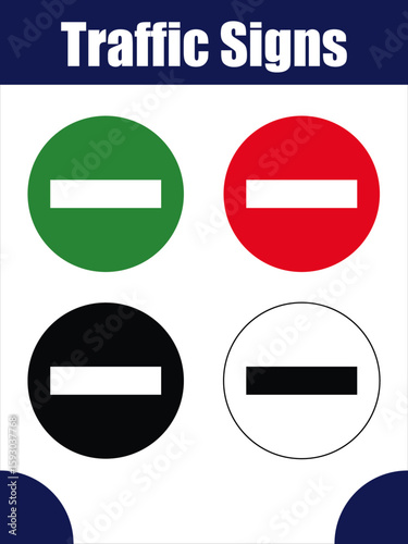 Color Variations of Circular Horizontal Bar Traffic Signs. Four circular signs with horizontal bars, each in different color schemes representing variations of traffic or prohibition indicators.