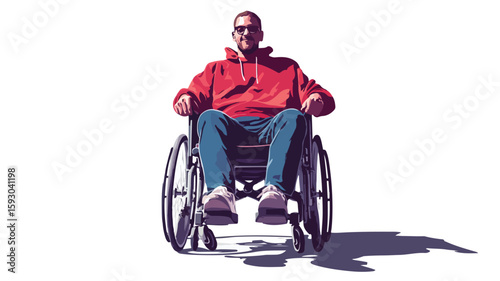 Joyful adult in wheelchair, wide angle