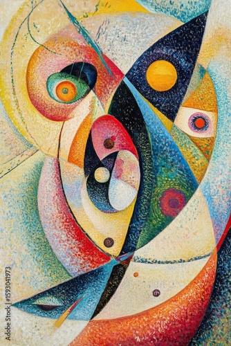 Vibrant colors, lines and shapes create an abstract expressionist piece.