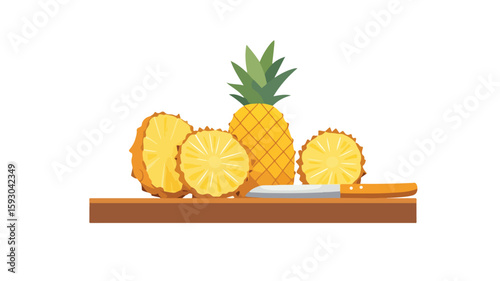 Pineapple slicing process on cutting board