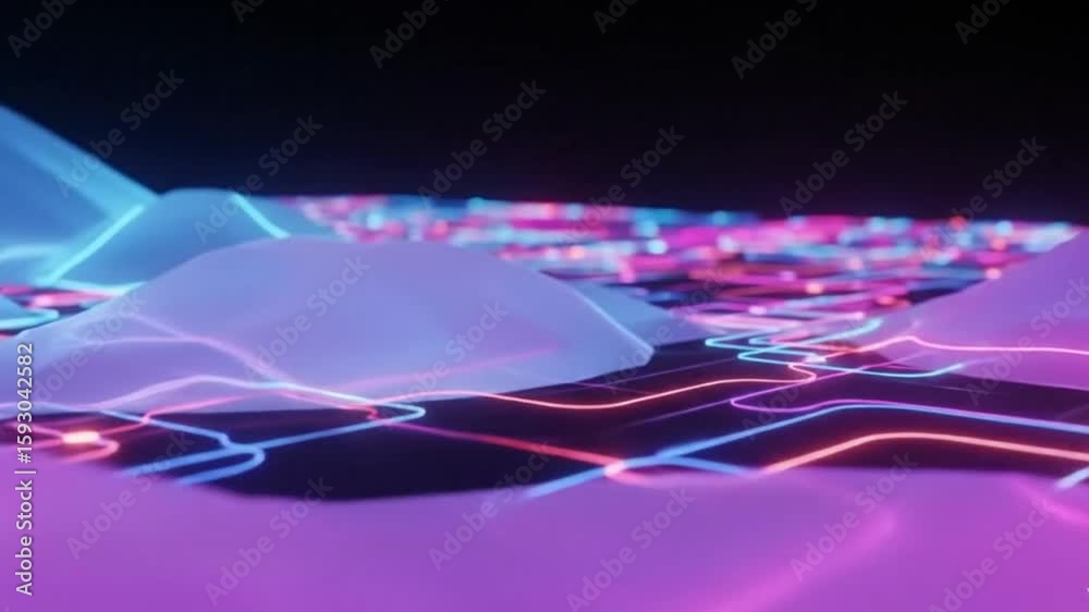 Abstract neon landscape with blue and pink glowing lines and polygon shapes, technology and futuristic concepts.