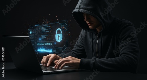 Person in dark hoodie working on laptop with holographic access denied message and cybersecurity code
