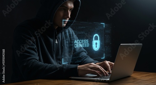 Person in dark hoodie working on laptop with holographic access denied message and cybersecurity code