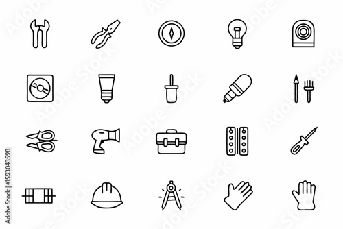 A functional bundle showcasing essential electrician tools and equipment in clean, consistent line style—ideal for electrical service branding, manuals, and workshop posters