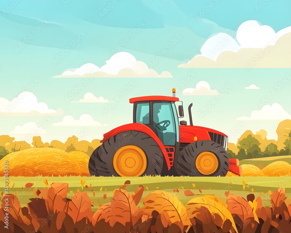 Obraz premium A vibrant illustration of a red tractor working in a golden field under a bright blue sky. This scene captures the essence of agricultural life and the beauty of rural landscapes.