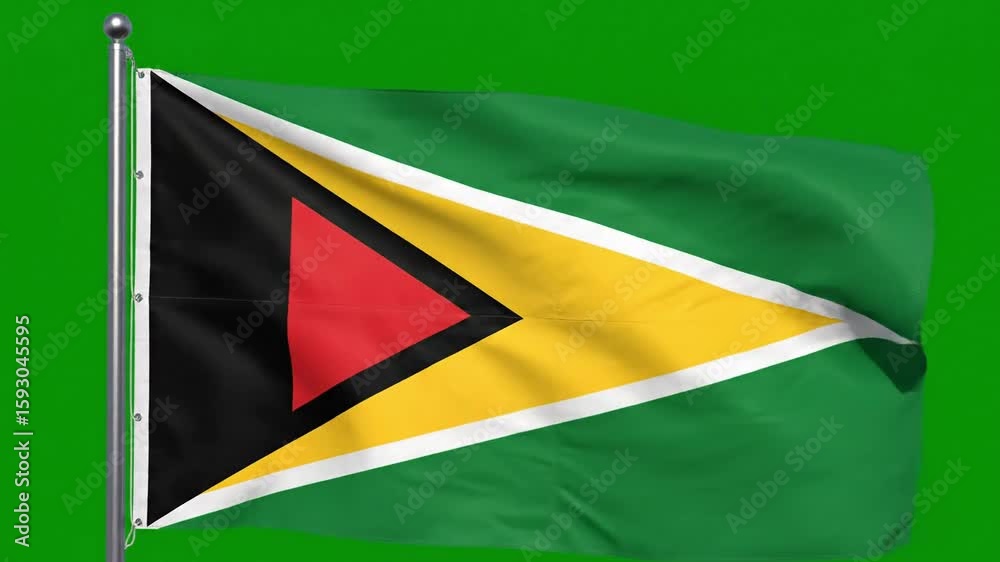 Guyana flag waving on a flagpole against a green screen background for chroma key compositing