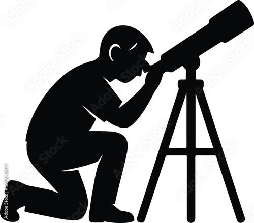 Silhouette man kneeling looking through telescope vector Illustrator