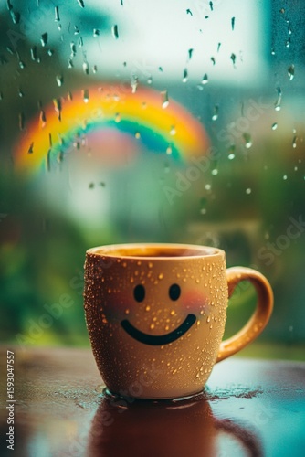 Mug of coffee sits on a table during a light rain, with a rainbow in the background. Coffee cup has a smiley face on it.