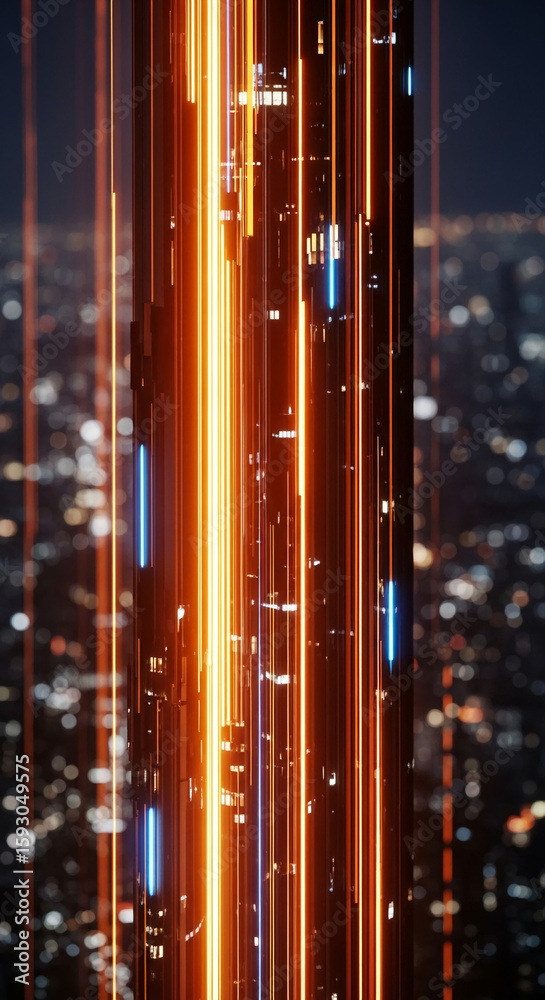 Obraz premium Abstract image of vertical orange and blue glowing lines against a blurred city backdrop, suggesting technological advancement or futuristic cityscape