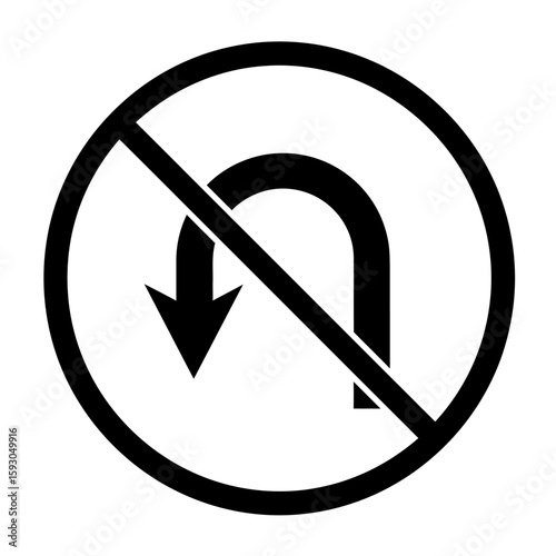 A stark black and white no u turn symbol conveying prohibition and restriction against reckless road