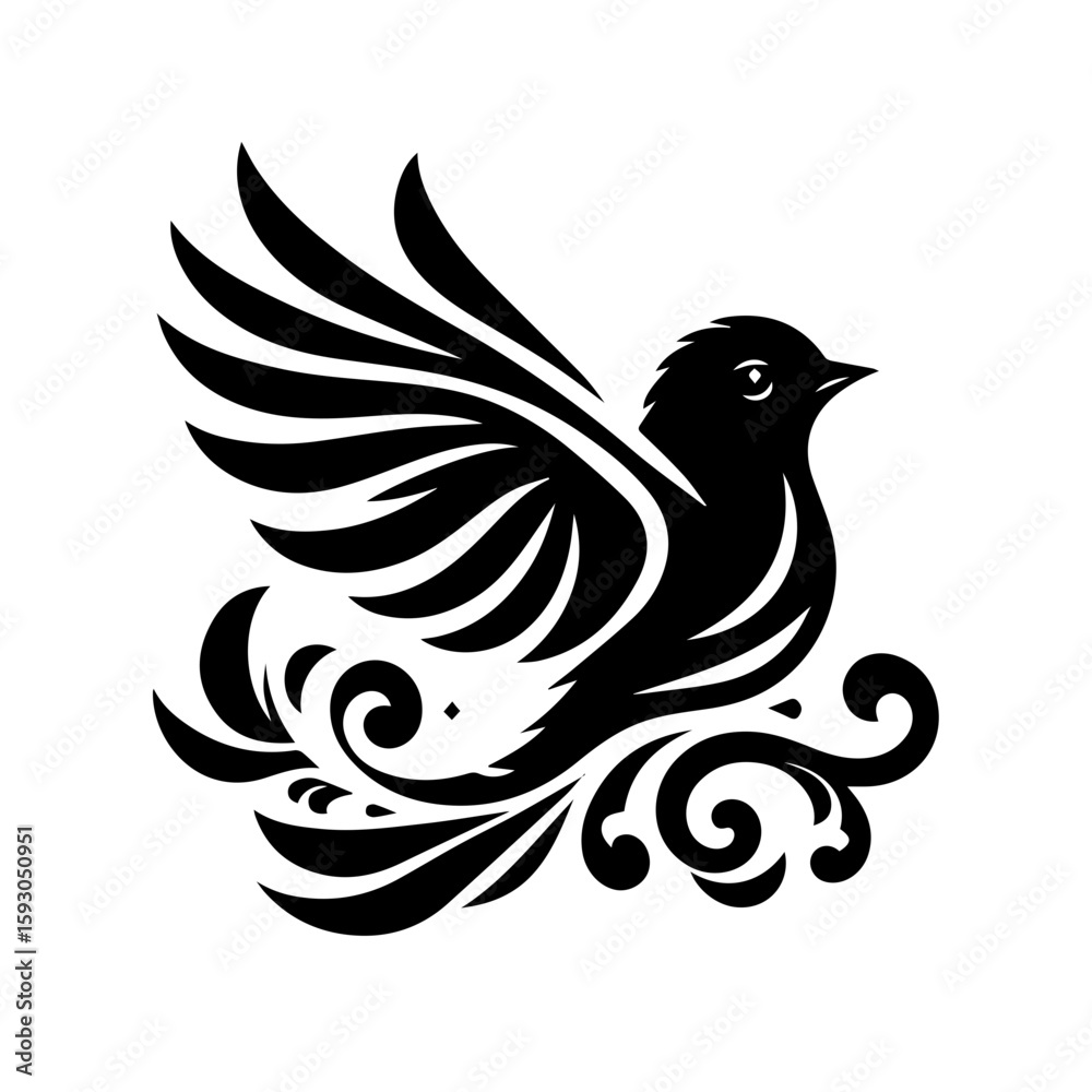Fototapeta premium Elegant Black Bird with Decorative Swirls.