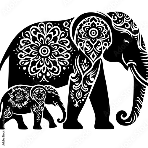Ornate Black and White Elephant Family Silhouette.