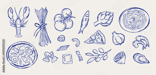 Hand drawn mediterranean food and drink set. Dishes of Spain, Italy and Greece, traditional national cuisine. Vector sketch collection