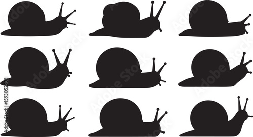 Nine black snail silhouettes on a white background shell slug