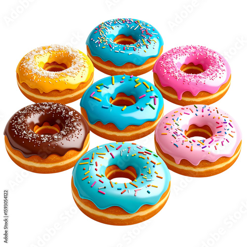 Seven Colorful Donuts with Sprinkles on Transparent Background,clipart, cut out, no background ,PNG die-cut for advertising