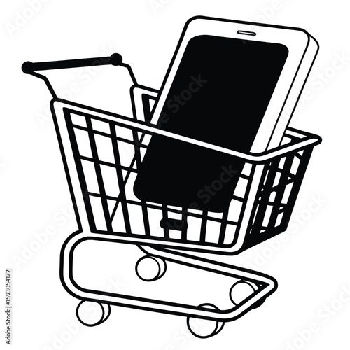 Black and white illustration of a shopping cart holding a smartphone mobile phone technology
