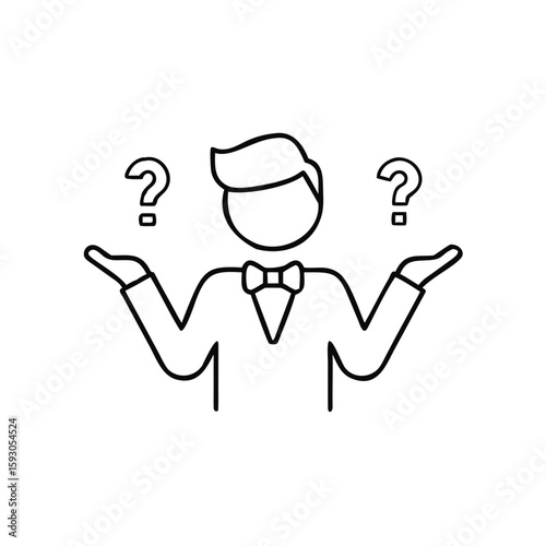 Magician shrugging shoulders in confusion with question marks