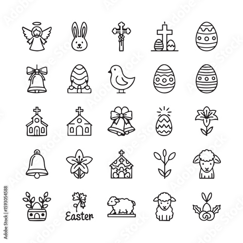 Easter symbols angel bunny cross church bell chick egg lily sheep plant vector