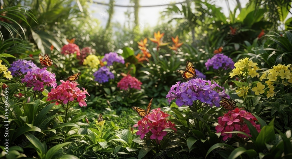 Fototapeta premium Vibrant garden with colorful flowers and butterflies in lush greenery