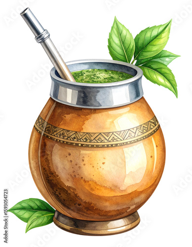 Watercolor Yerba Mate Drink in Brown Gourd with Metal Rim and Straw,clipart, cut out, no background ,PNG die-cut for advertising