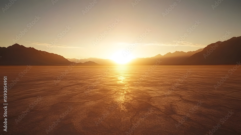 Fototapeta premium Golden Sunset over Desert Landscape with Mountains