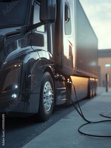 Truck stopped at charging station, sunset in background
