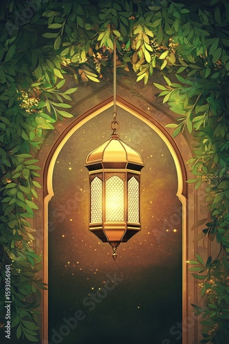 Illuminated lantern over a vine-covered archway with an inviting ambiance.