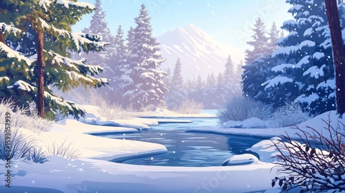A snowy landscape with a river and trees