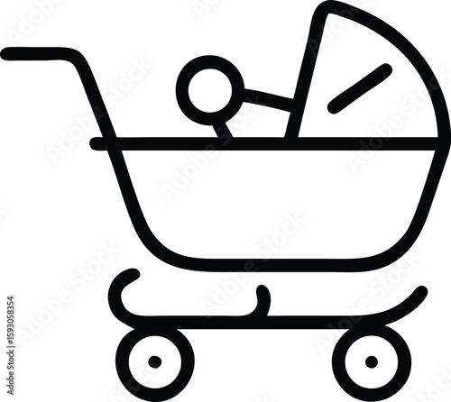 Black line art icon of a baby stroller with a baby silhouette inside baby stroller icon baby carriage icon
