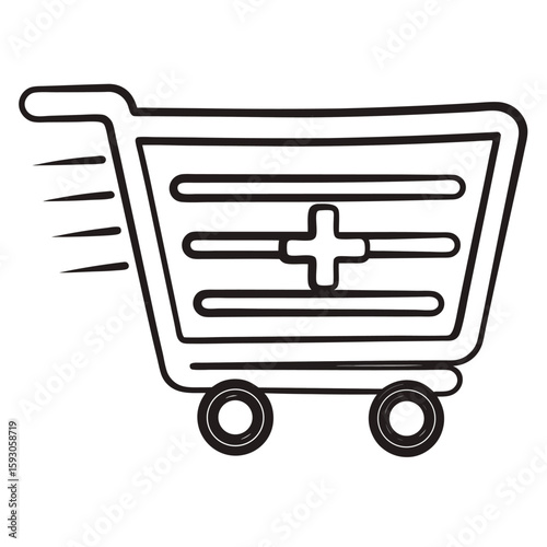 Black line art shopping cart with plus symbol and motion lines grocery cart plus sign