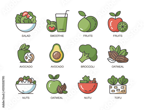 Vibrant collection of healthy food icons representing a balanced diet
