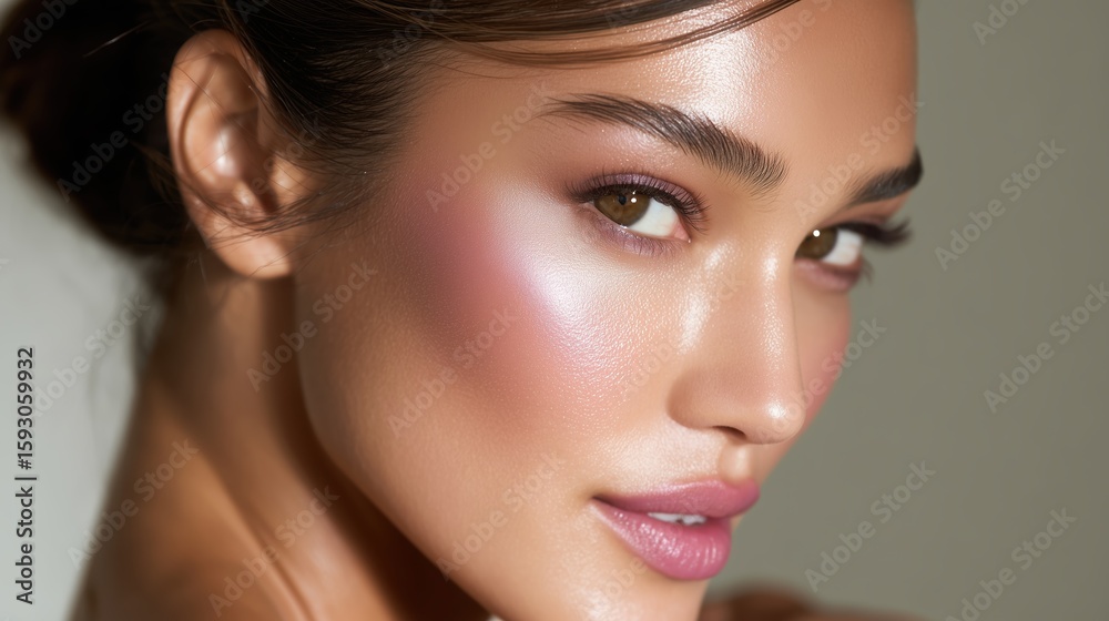 Fototapeta premium A close-up shot of a model shows a radiant, well-lit, face features perfectly smooth and clear skin, with detailed makeup.