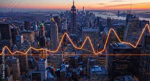 Aerial cityscape view at sunset, showcasing illuminated buildings with an overlaid glowing line graph, symbolizing urban growth and economic trends