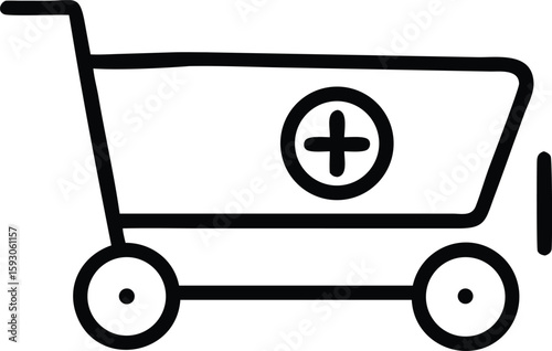 Black outline shopping cart with plus symbol in circle icon trolley commerce retail store