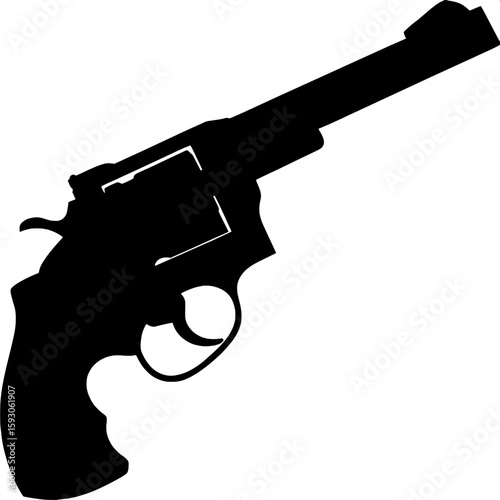 A revolver silhouette with the hammer cocked back, emphasizing the weapon’s ready state. The image remains minimalist and centered.





