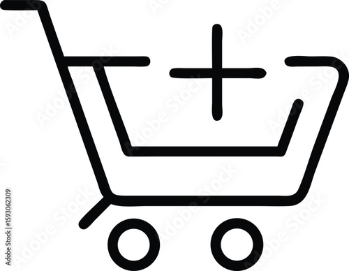 Black shopping cart icon with plus symbol on white background add to cart