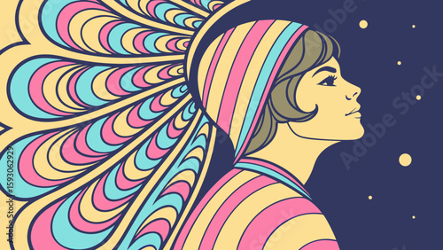 Retro woman with striped headscarf and psychedelic feather design gazes at the stars in a vintage illustration