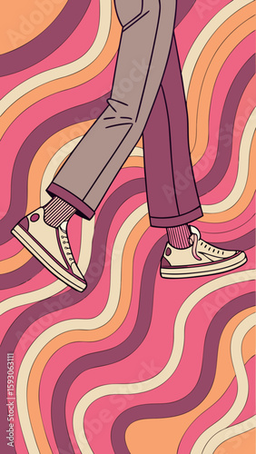 Illustration of legs wearing sneakers and socks walking on a wavy colorful background design art