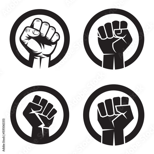 Black clenched fists raised in circles white