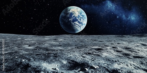 Lone astronaut on lunar surface with Earth in the distance.
