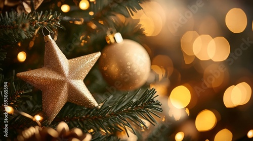 A gold star is hanging from a Christmas tree