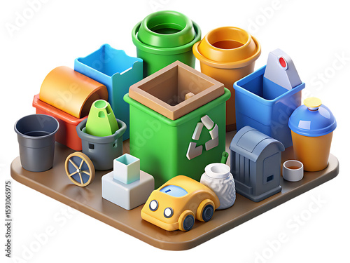 A collection of colorful recycling bins and related objects on a platform isolated on transparent background
