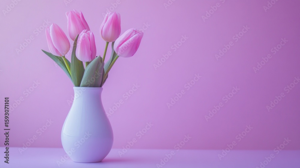 Pink tulips in a white vase against a vibrant pink background Pink tulips in a white vase against a vibrant pink background
