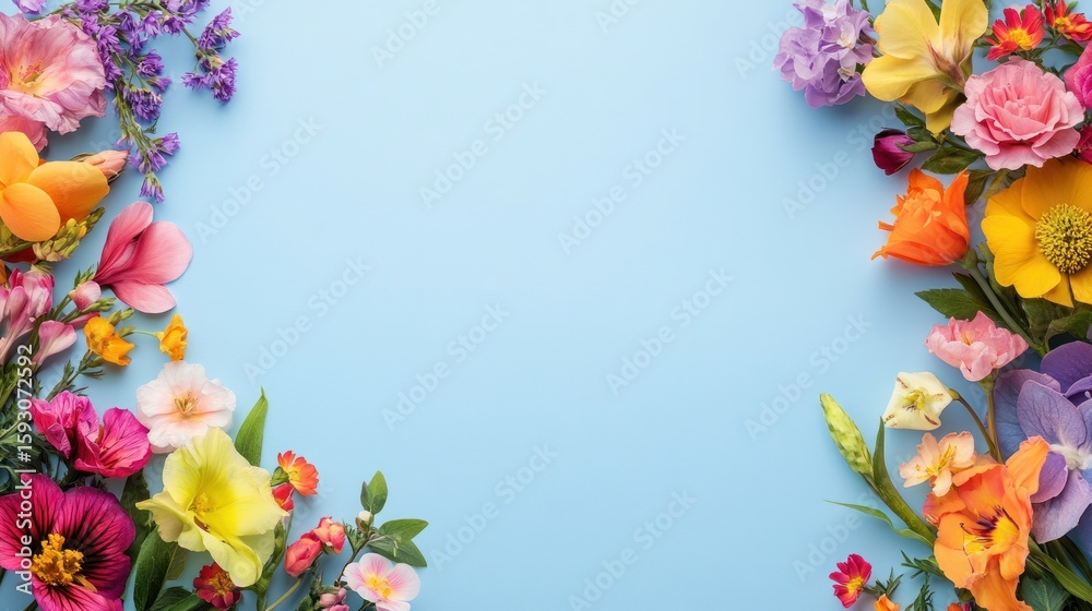 Fototapeta premium Colorful floral arrangement on light blue background