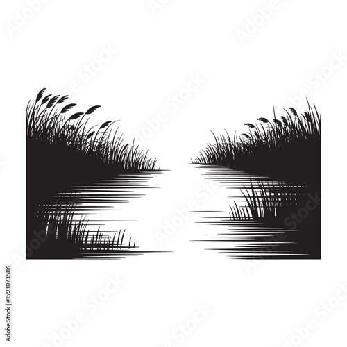 Black reeds and water reflections nature black and white