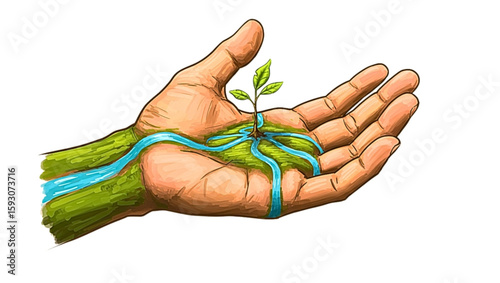 A hand with a seedling holding a small plant with green roots and flowing water, an eco-friendly concept