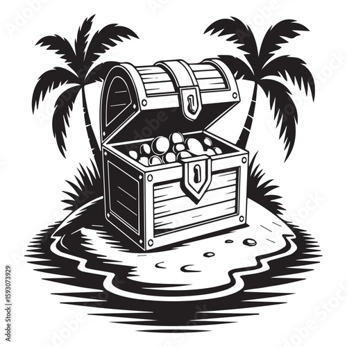 A cartoon treasure chest overflowing with gold coins is situated on a tropical island, surrounded by palm trees and sandy shores