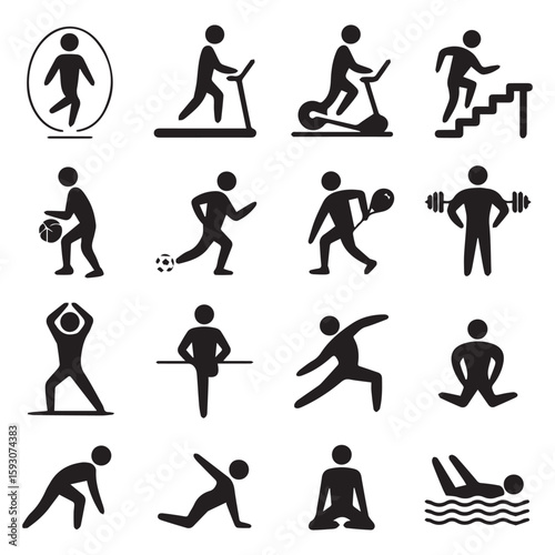 A diverse set of fitness and exercise icons showcases various sports and activities, isolated on white background, promoting a healthy lifestyle